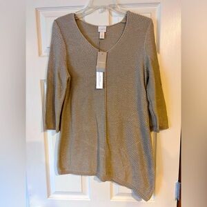 Chico’s Slanted Hem Heidi Pullover Khaki Shimmer Sweater Size 1 medium